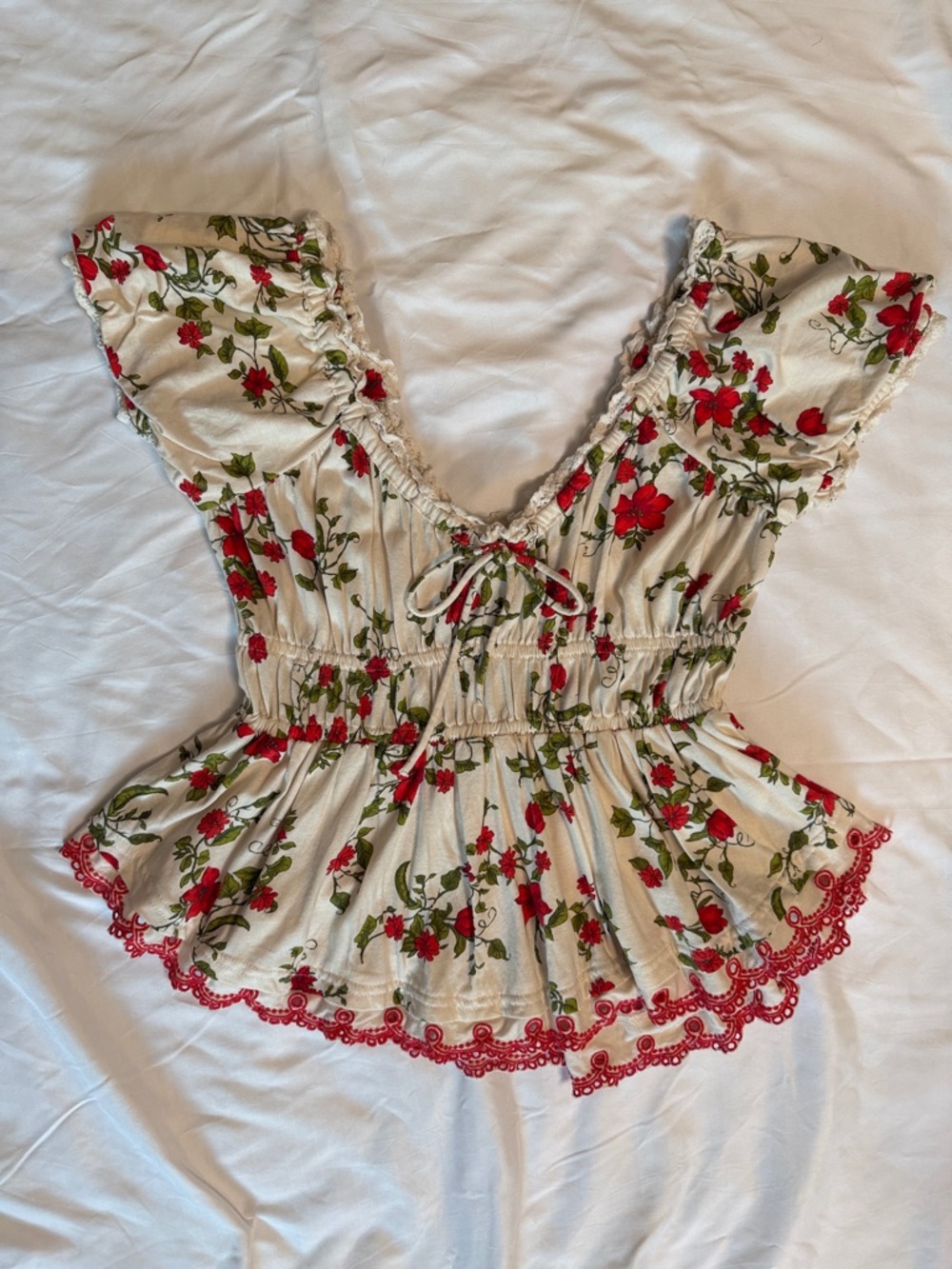 Anthropologie Cream Peplum Blouse with Red Floral Print